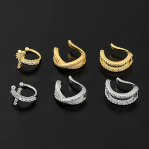 Set of six minimalist C-shaped ear cuffs with cross and double layer zirconia in gold and silver