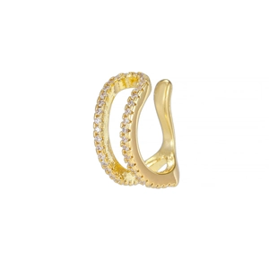Detail of gold ear cuff with double-layer design featuring paved white cubic zirconia