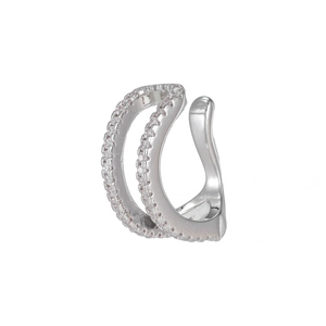 Macro detail of double-layered pavé set cubic zirconia ear cuff in silver plating
