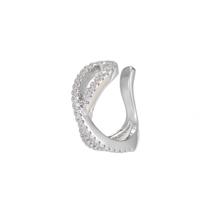 Close-up of a silver C-shaped ear cuff featuring sparkling pavé zircon stones