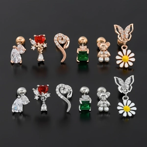 Set di 12 piercing per orecchie con cristalli colorati e farfalle in oro rosa e argento