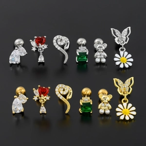 Squisiti orecchini in zircone con design a fiore, serpente e farfalla in oro e argento
