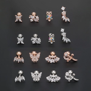 Lot de 16 boucles d'oreilles minimalistes en or rose et argent avec motifs fleurs et hiboux