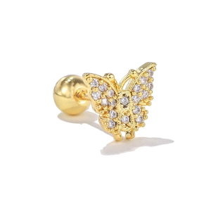 Puce d'oreille papillon dorée avec zircons blancs et fermoir à boule vissée