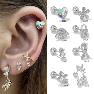 Orecchini a Cartilagine in Acciaio Inossidabile per Donna Rame Cuore Orso Fiore Perno con Chiusura a Vite Zircone Gioielli Smalto