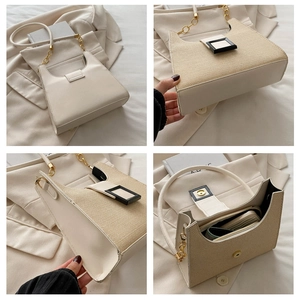 Detailed views of beige leather and fabric handbag with a black square buckle detail