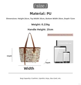 Detailed size chart of beige graffiti tote bag showing PU material and dimensions