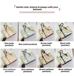 Detailed grid view of stylish graffiti tote bags in pink, blue, brown and black finishes