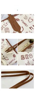 Detail of color-contrast tote bag with cartoon graffiti print and bunny plush charm