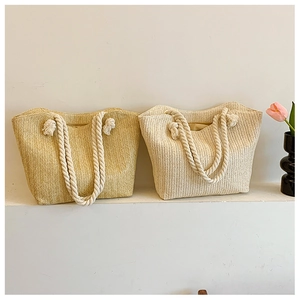 Retro handwoven straw beach tote bags with cotton rope handles in beige and brown colors