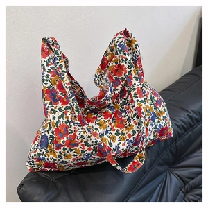 Floral nylon tote bag with large capacity for daily shopping and casual use