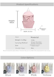 Detailed size specifications and pastel color options for this nylon travel backpack