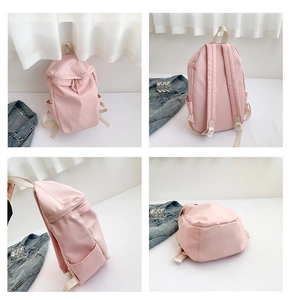 Detailed four-way views of a large light pink nylon backpack with adjustable straps