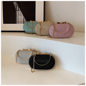 Elegant glitter evening bags in five colors with gold chains and bow clasps for women