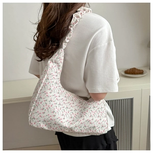 Women Floral Print Oxford Cloth Shoulder Bag Ruffled Strap Bow Decor Crescent Hobo Underarm Bag Pastoral Style For Daily