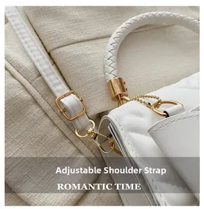 Detail of white quilted crossbody bag showing adjustable shoulder strap and gold hardware
