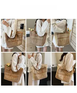 Collage d'un sac cabas tissé avec anses en cuir porté par un mannequin en décor épuré