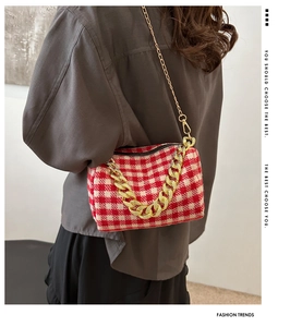 Détail du sac à carreaux rouge et blanc avec chaîne, porté à l'épaule sur un modèle