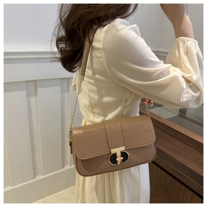 Detail of light brown crocodile pattern crossbody bag with gold metal chain and enamel lock