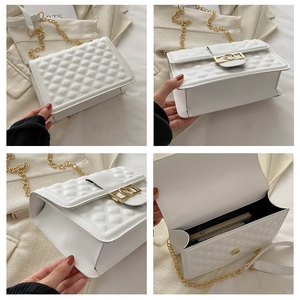 Details der weißen Stepptasche mit goldener Kette und Ansicht der Innenkapazität