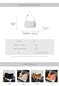 Detailed size chart for the large nylon crossbody bag with 35x20x14cm dimensions
