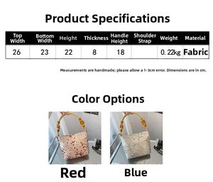 Size chart for Chinese style silk bucket bag with wooden bead handle and floral patterns