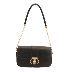 Classic black crocodile pattern shoulder bag with a gold chain strap and metal lock