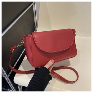 Close-up of red leather flap bag featuring elegant gold lobster clasp and D-ring hardware