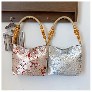Retro Chinese Style Floral Embroidery Bucket Bag Satin Satin With Wood Bead Handle Vintage Shoulder Bag For Women
