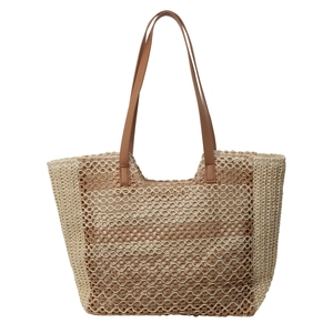 Sac fourre-tout en paille d'été avec anses en cuir marron et design de plage