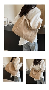 Detail view of khaki nylon tote bag with wide straps and functional side pockets for commuting