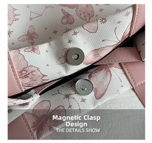 Détail du fermoir magnétique argenté sur le sac cabas rose avec imprimés papillons