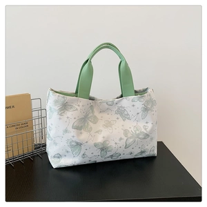 Sac fourre-tout en toile avec imprimé papillon vert et anses contrastées femme