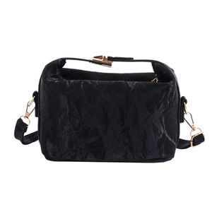 Fashionable black pleated PU leather tote bag with gold hardware for women