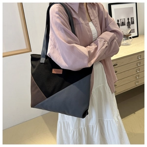 Minimalist large patchwork tote bag in black grey and brown with fashion leather label