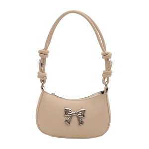Chic beige crescent shoulder bag with metallic butterfly buckle and knotted strap detail