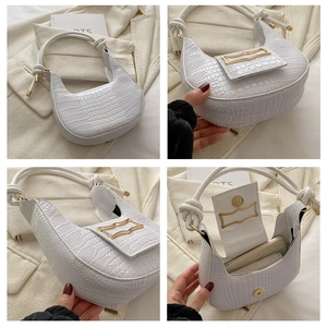 Macro views of white crescent bag with crocodile texture and gold hardware details