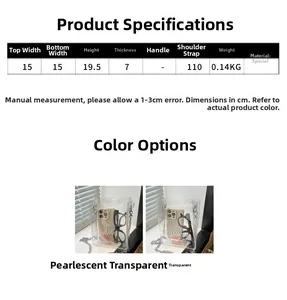 Size chart showing clear PVC beach bag dimensions with 110cm metal chain strap details