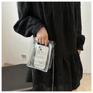 Detail of transparent PVC mini bag with white SUMMER print and silver metal chain strap