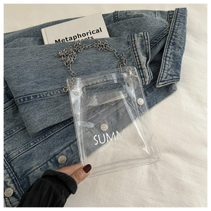 Close-up of transparent PVC crossbody bag with silver chain and Summer text print
