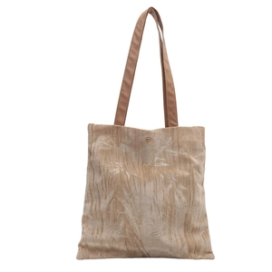 Beige velvet tote bag with bamboo leaf embroidery and brown shoulder straps