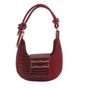 Retro burgundy crocodile pattern crescent bag with golden clasp and knotted shoulder strap