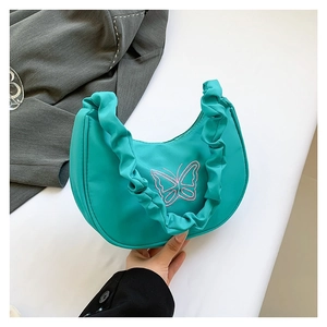 Tiffany blue crescent moon shoulder bag with pink butterfly embroidery and ruffled handle