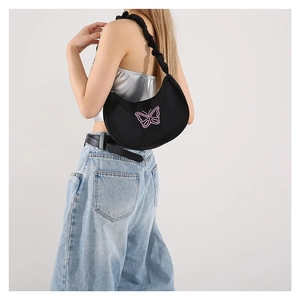 Black crescent hobo bag with pink butterfly embroidery and trendy scrunchie shoulder strap