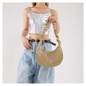 Khaki half-moon shoulder bag with butterfly embroidery and scrunchie strap design
