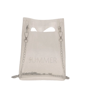 Transparent PVC jelly beach bag with silver chain strap and SUMMER print design