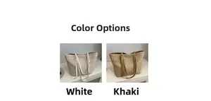 Detailed comparison of white and khaki woven tote bags showing texture and strap details