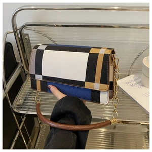 Retro geometric color-block chain crossbody bag in blue, black and beige textured leather