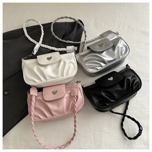 Pleated shoulder bags with twisted straps and heart buckle in white silver pink black