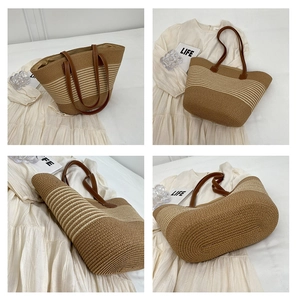 Detail views of woven tote bag with brown leather handles and striped texture